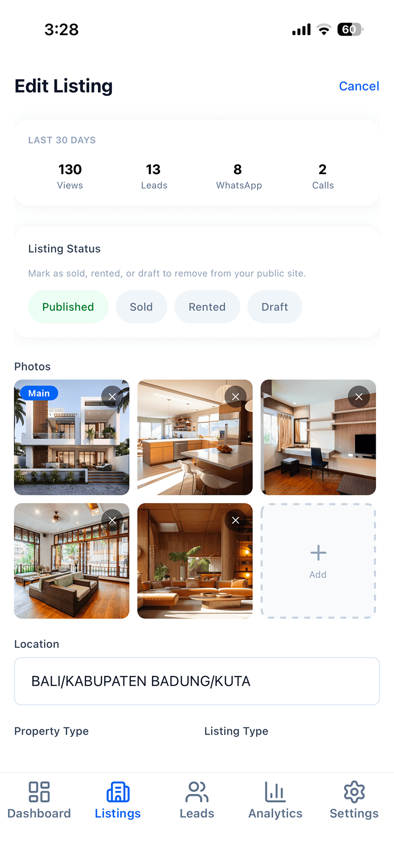 Realty.bio mobile app - Edit Listing screen
